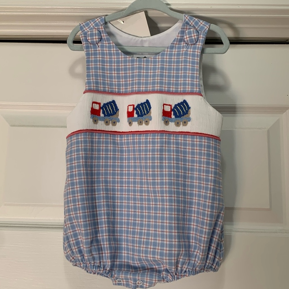 Blue plaid smocked cement mixer bubble